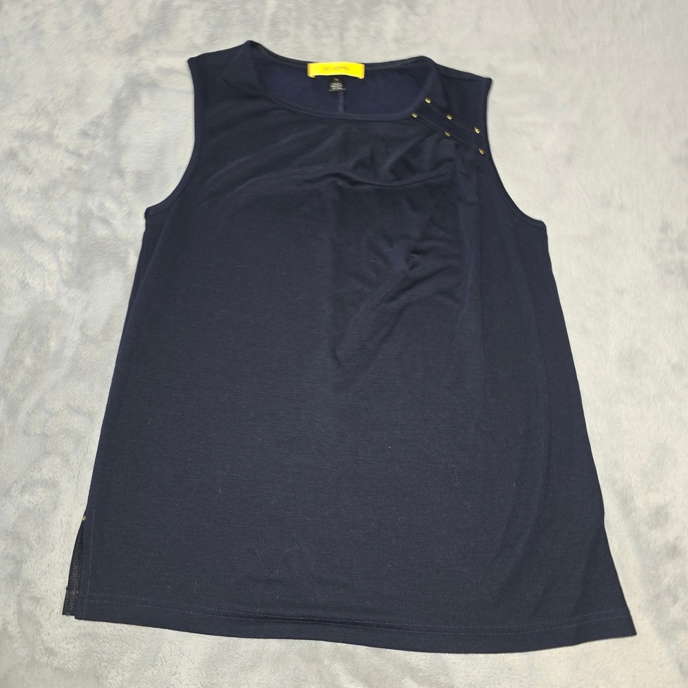 St. John Navy Blue Studded Draped Sleeveless Top Small Gold Hardware Shell